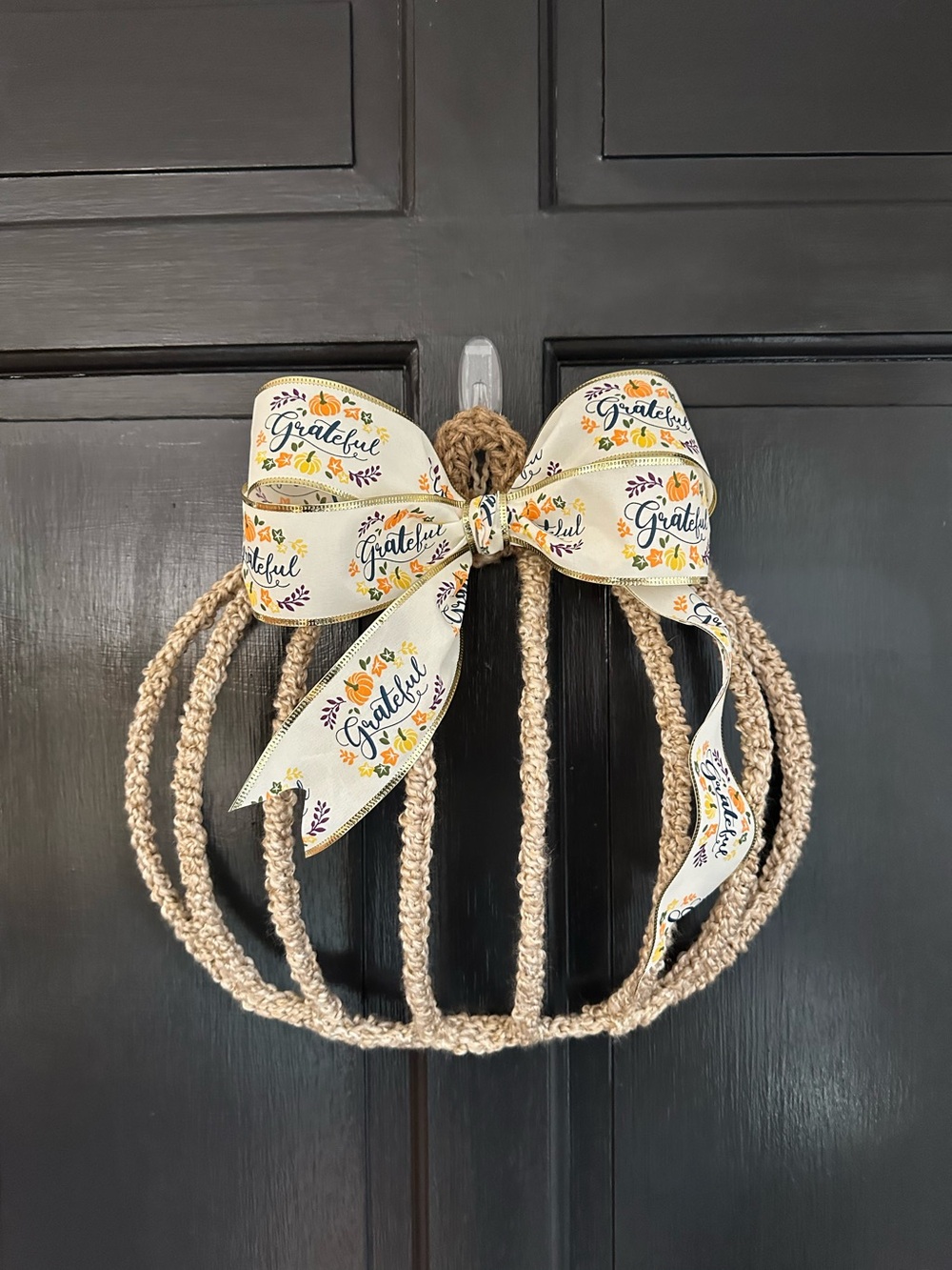 Grateful Ribbon Pumpkin Door Décor - Neutral Tan Knit Pumpkin Wreath